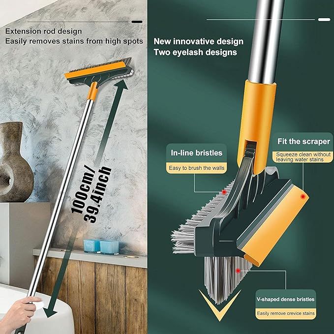 3-in-1 Floor Cleaning Brush with Long Handle & Squeegee | Hard Bristle Scrubber for Bathroom, Tiles, Kitchen & Outdoor Cleaning