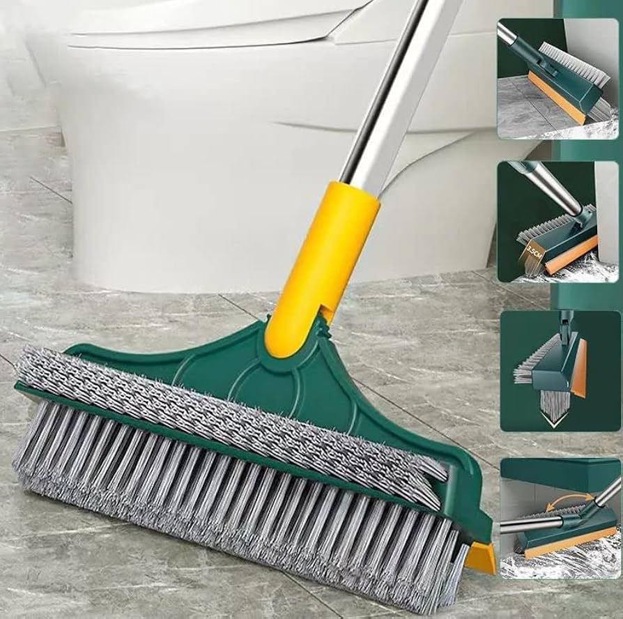 3-in-1 Floor Cleaning Brush with Long Handle & Squeegee | Hard Bristle Scrubber for Bathroom, Tiles, Kitchen & Outdoor Cleaning